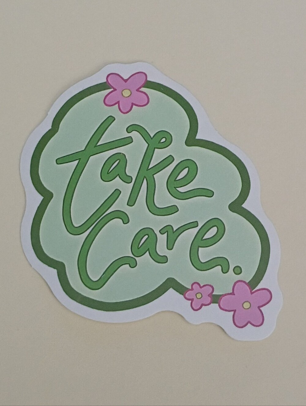 10/$10 Stickers - Take Care - Green Text Bubble & Pink Flowers